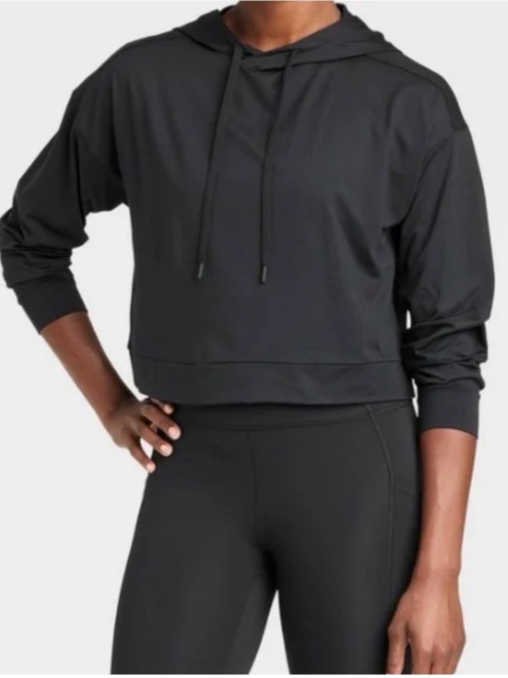 Black Cropped Hooded Pullover Top